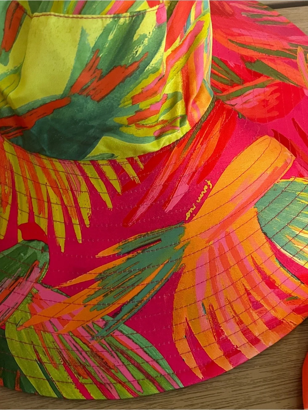 Farm Rio Tropical Garden Sun Hat OS Multi Lime Painted Birds Striped Wide Brim